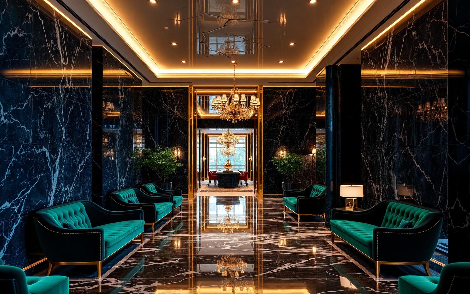 Arrival Lobby — Navy marble, gold light
